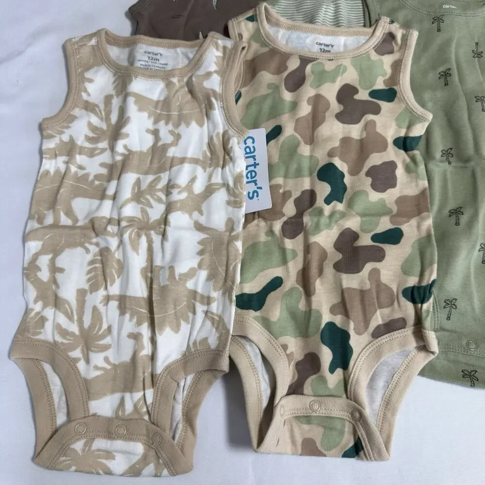Carter's Baby Boy 5-Pack Dinosaur Sleeveless Bodysuits Size 12 Months Green Tan